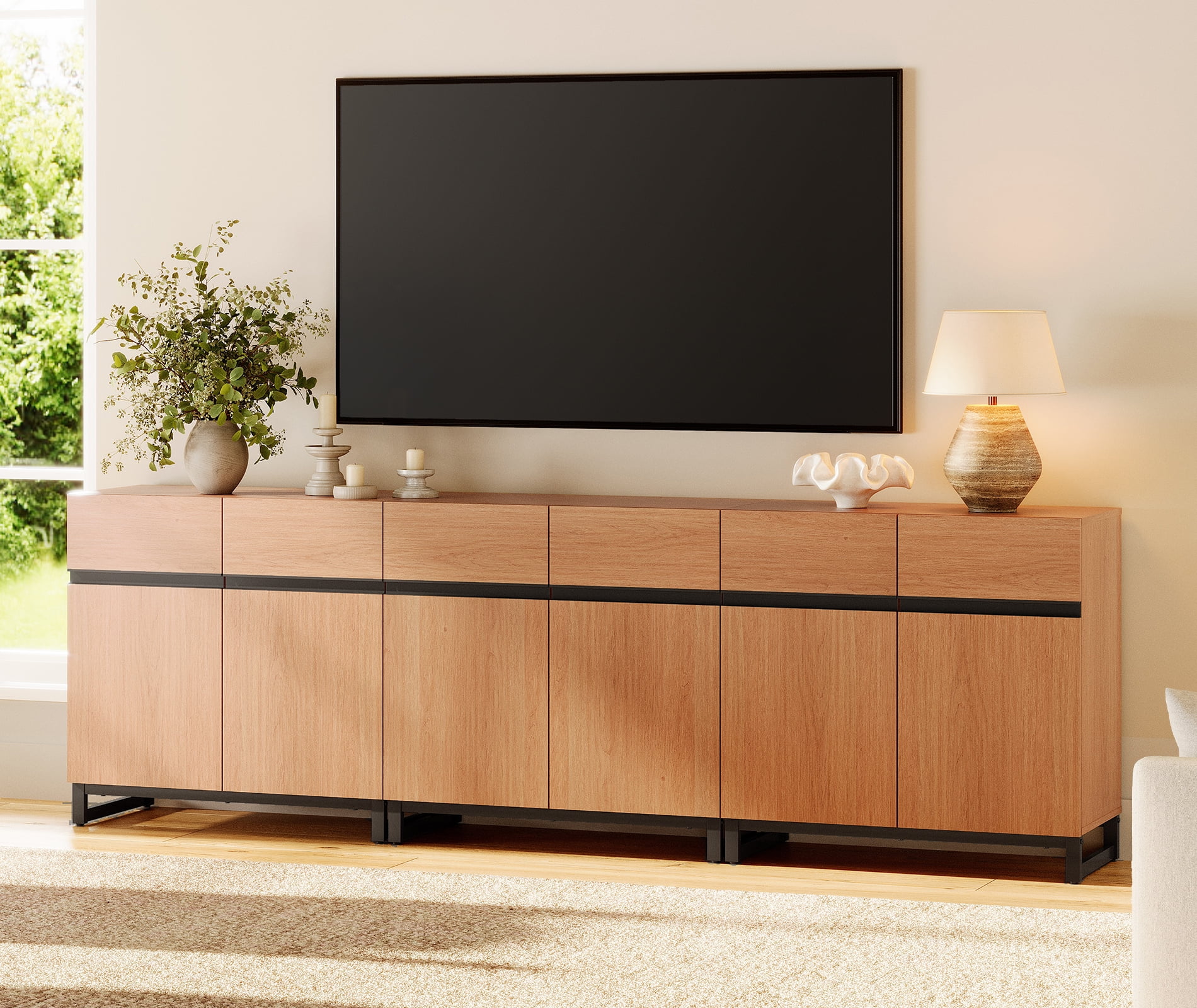WAMPAT 94.5" TV Stand with Doors,Modern TV Stand for TVs up to 110 Inch,3 Packs Wood Entertainment Center with Adjustable Shelves & Metal Base.