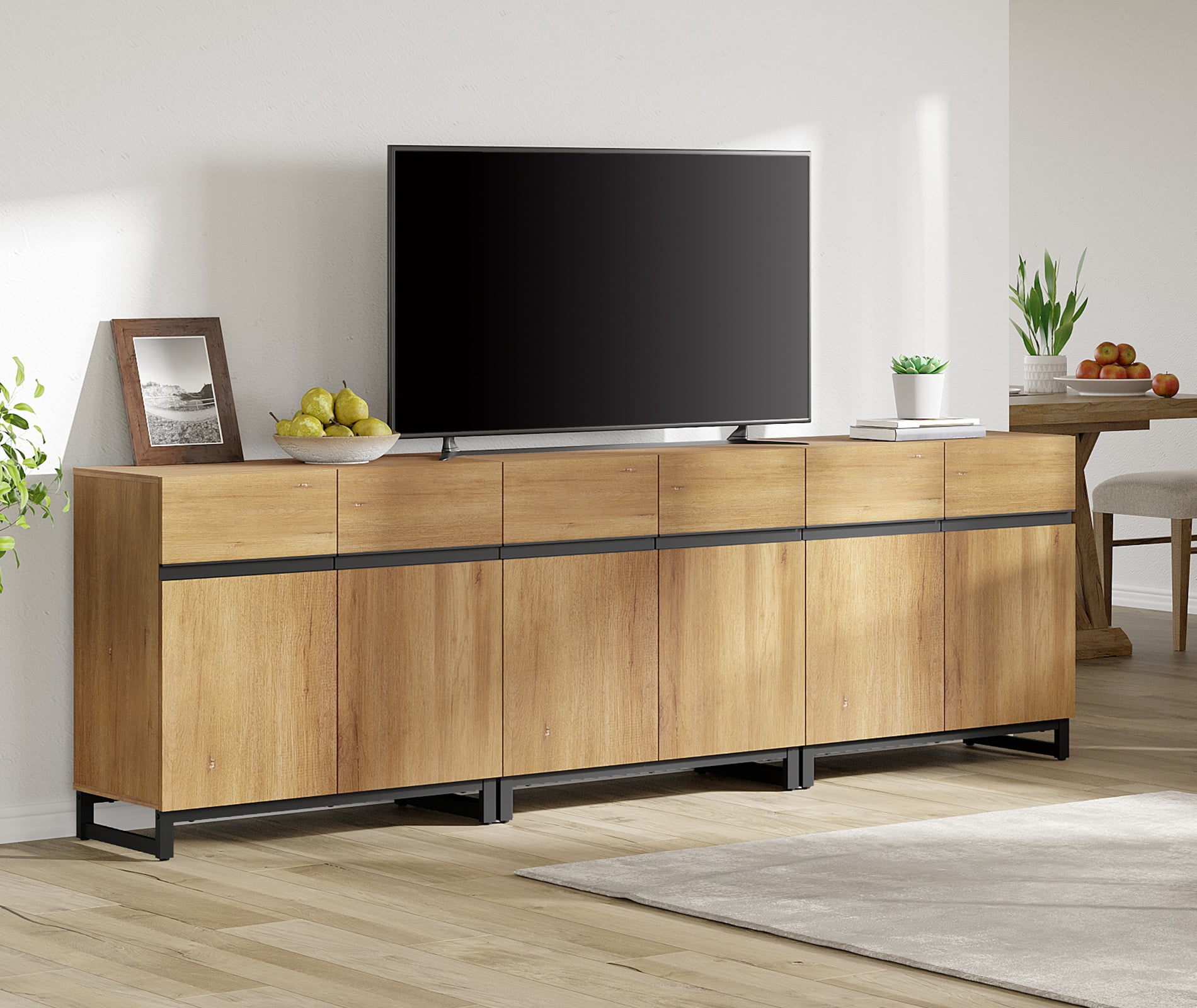 WAMPAT 94.5" TV Stand with Doors,Modern TV Stand for TVs up to 110 Inch,3 Packs Wood Entertainment Center with Adjustable Shelves & Metal Base.