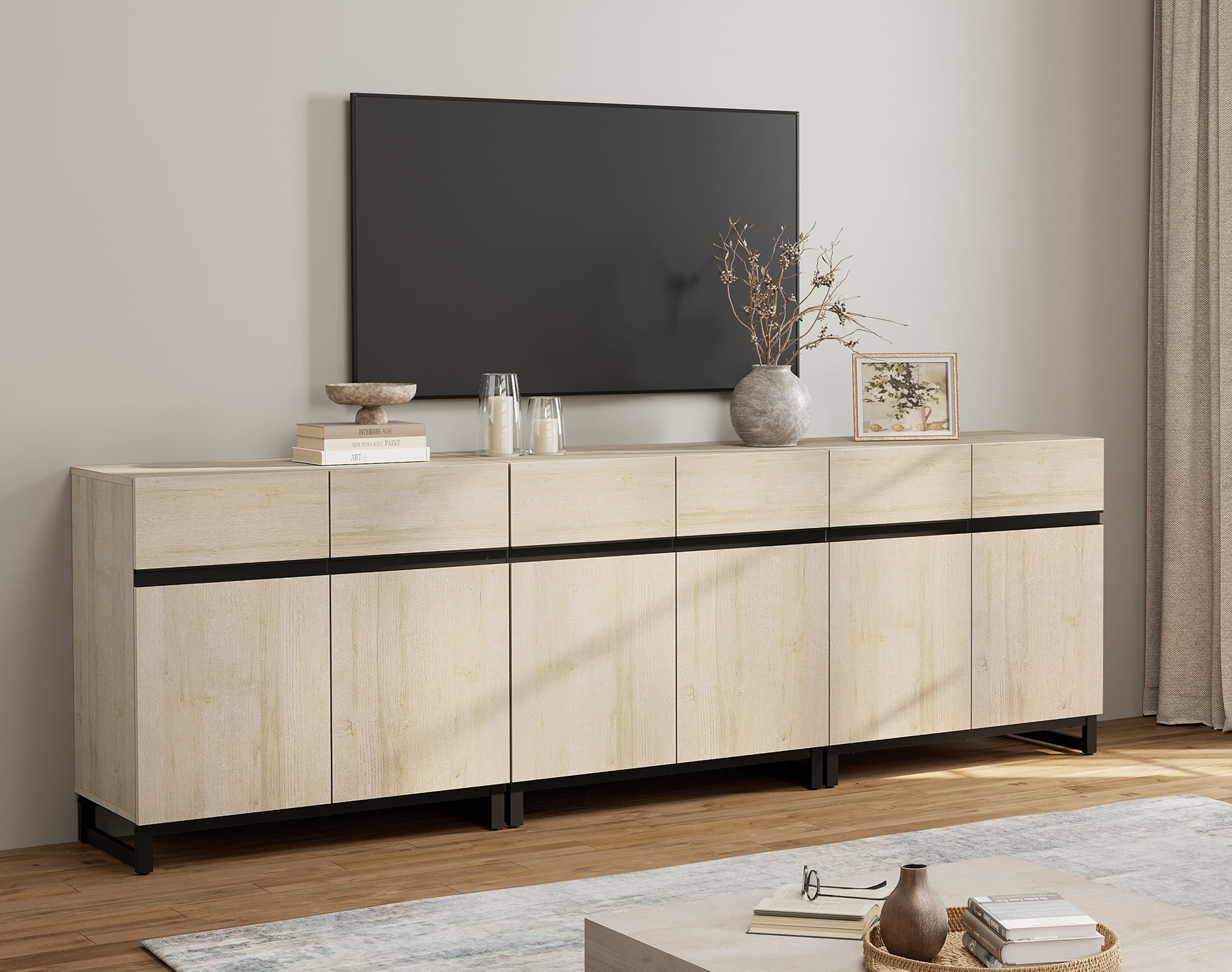 WAMPAT 94.5" TV Stand with Doors,Modern TV Stand for TVs up to 110 Inch,3 Packs Wood Entertainment Center with Adjustable Shelves & Metal Base.