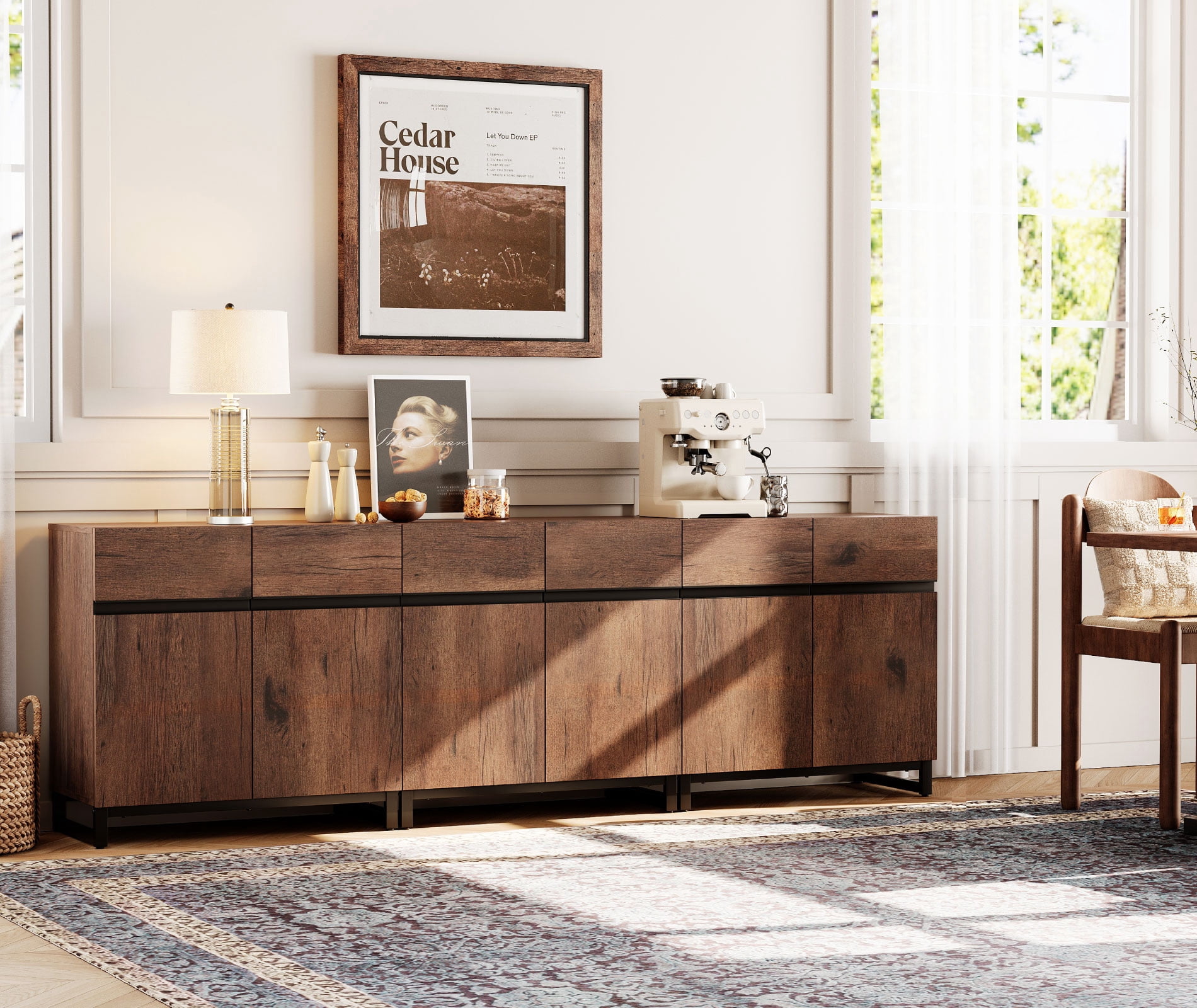 WAMPAT 94.5" Wide 3-In-1 Multifunctional Sideboard Buffet with Adjustable Shelf & Metal Base, Modern Wood Grain Storage Cabinet for Dining Room, Living Room.
