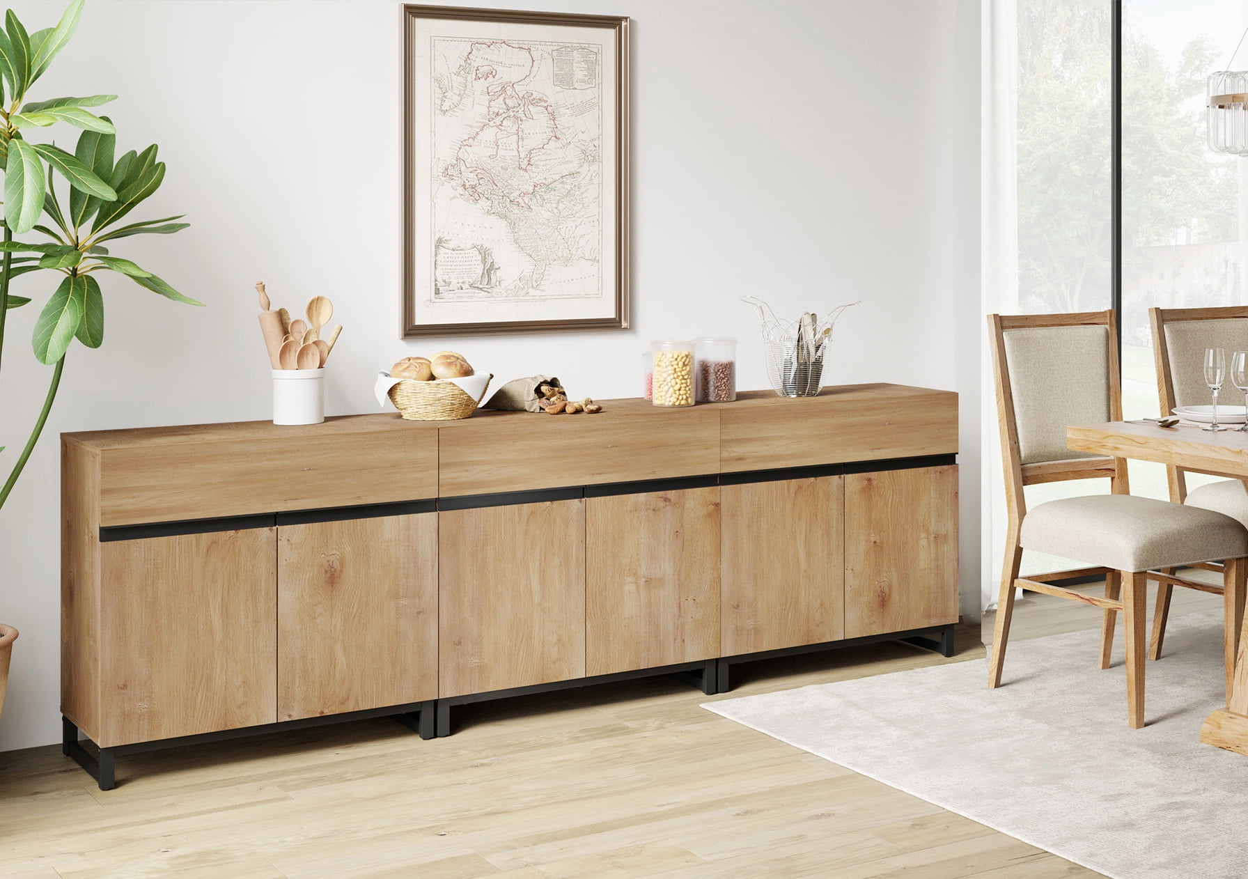 WAMPAT 94.5" Wide 3-In-1 Multifunctional Sideboard Buffet with Adjustable Shelf & Metal Base, Modern Wood Grain Storage Cabinet for Dining Room, Living Room.