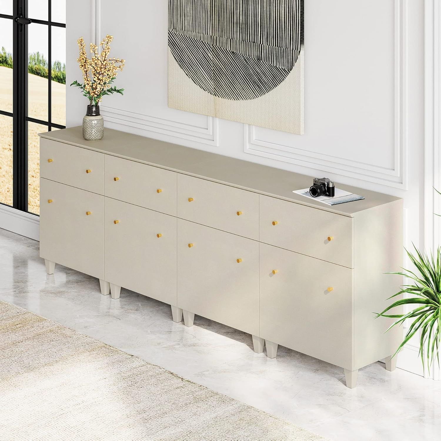 Beige MDF 94" Sideboard with Drawers and Doors