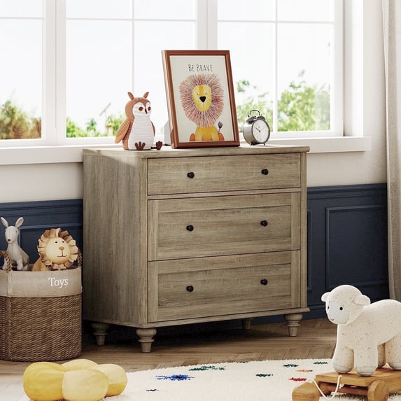 Large Dresser for Bedroom with 3 Drawers, Kids Dressers with Wide Chest of Drawers, Modern Wooden Closet Storage Cabinet Organizer, Dressers for Living Room & Nursery & Hallway & Baby Room, Wash Grey