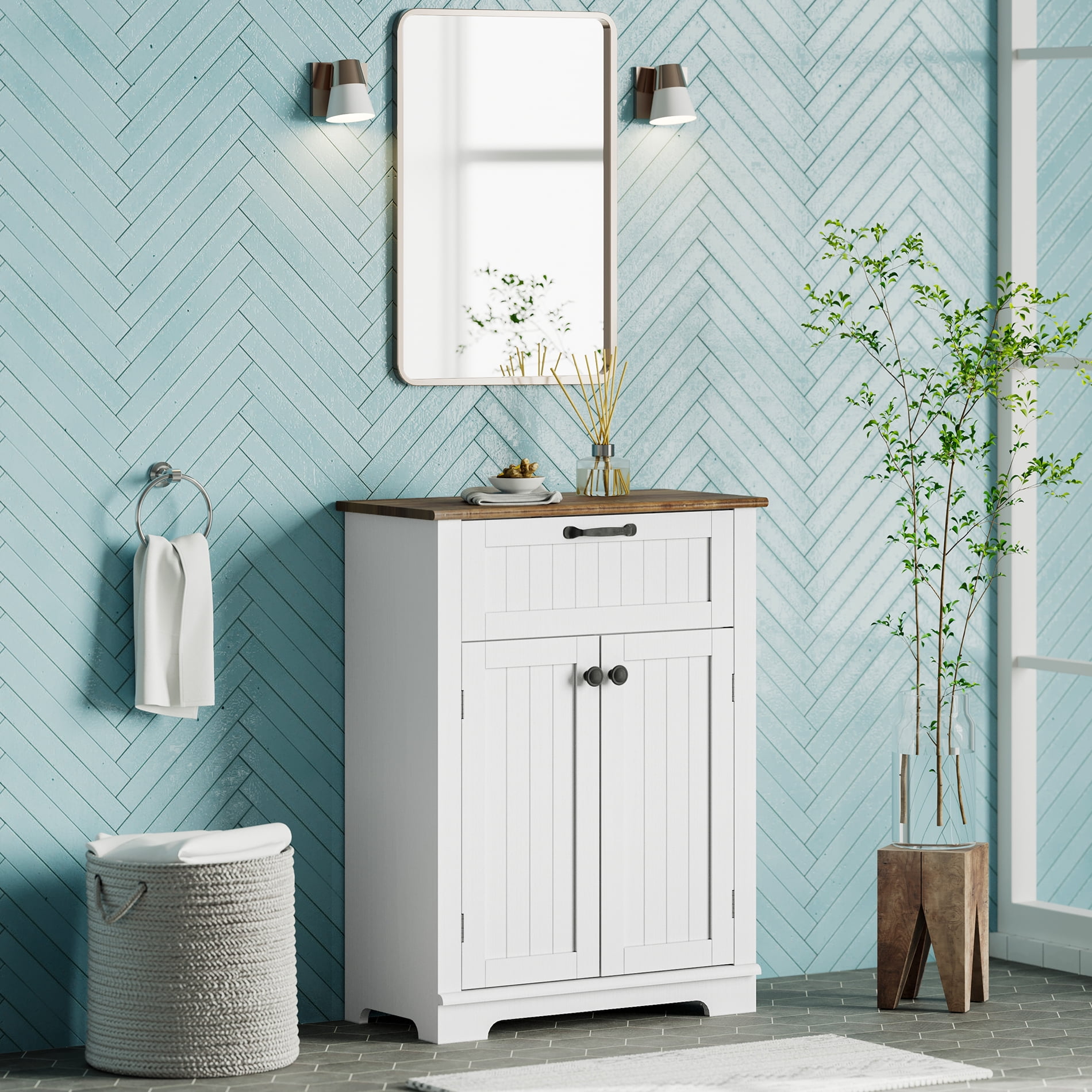 WAMPAT Bathroom Free Standing with Doors and Drawer, White Wood