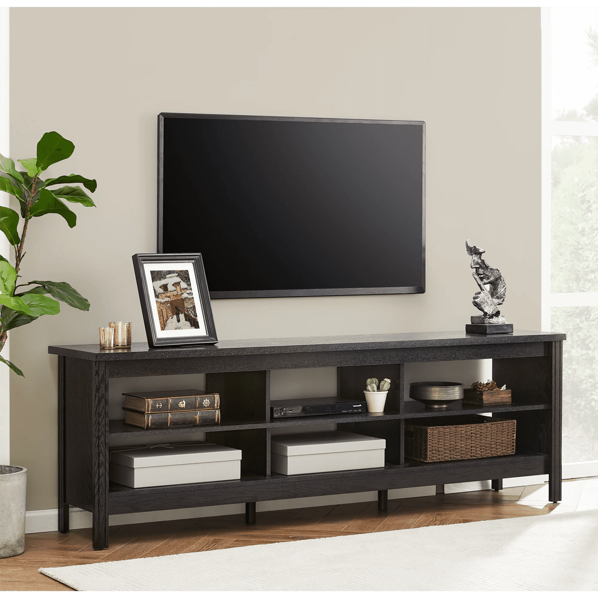 WAMPAT Black Farmhouse TV Stand for TVs Up to 75", Entertainment Center with 6 Storage Spaces for Living Room Bedroom, 70 Inch