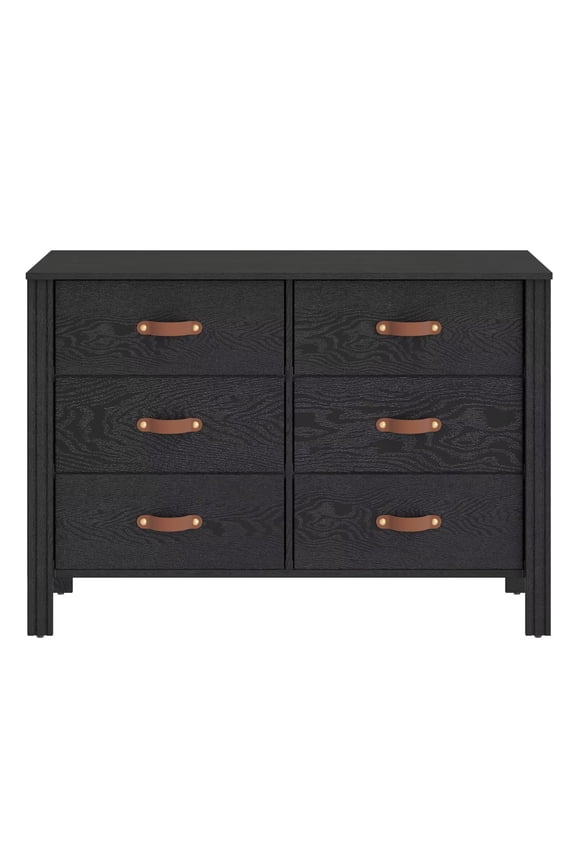 WAMPAT Black Wood Dresser with Leather Handles, 6-Drawer Storage Cabinet for Bedroom, Kids Chest of Drawers, Classic Furniture for Closet, Living Room, Hallway