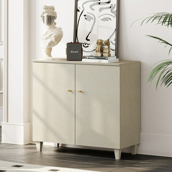 WAMPAT Buffet Cabinet Sideboards, 35.4" Wood Credenza Console Table with 2 Doors, Kitchen Storage Cabinet with 3 Compartments & Solid Wood Legs for Living Room, Hallway, Beige