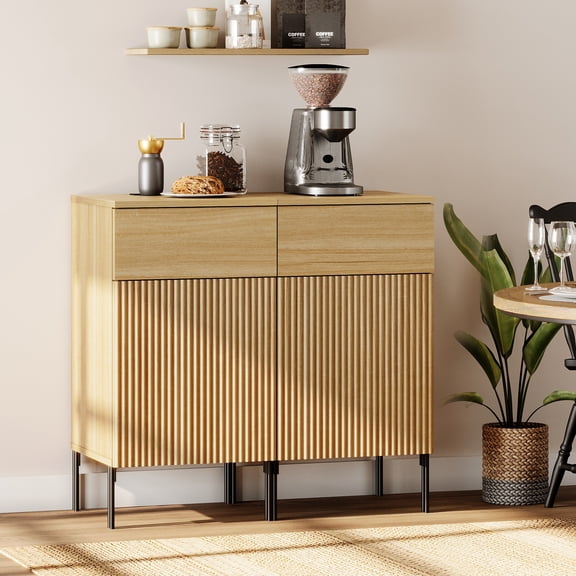 WAMPAT Buffet Sideboard Cabinet with Storage, Modern 2 in1 Buffet Cabinet with Charging Station and 2 Drawers, Adjustable Shelves, Wood Media Console Coffee Bar Table for Kitchen, Living Room,Oak