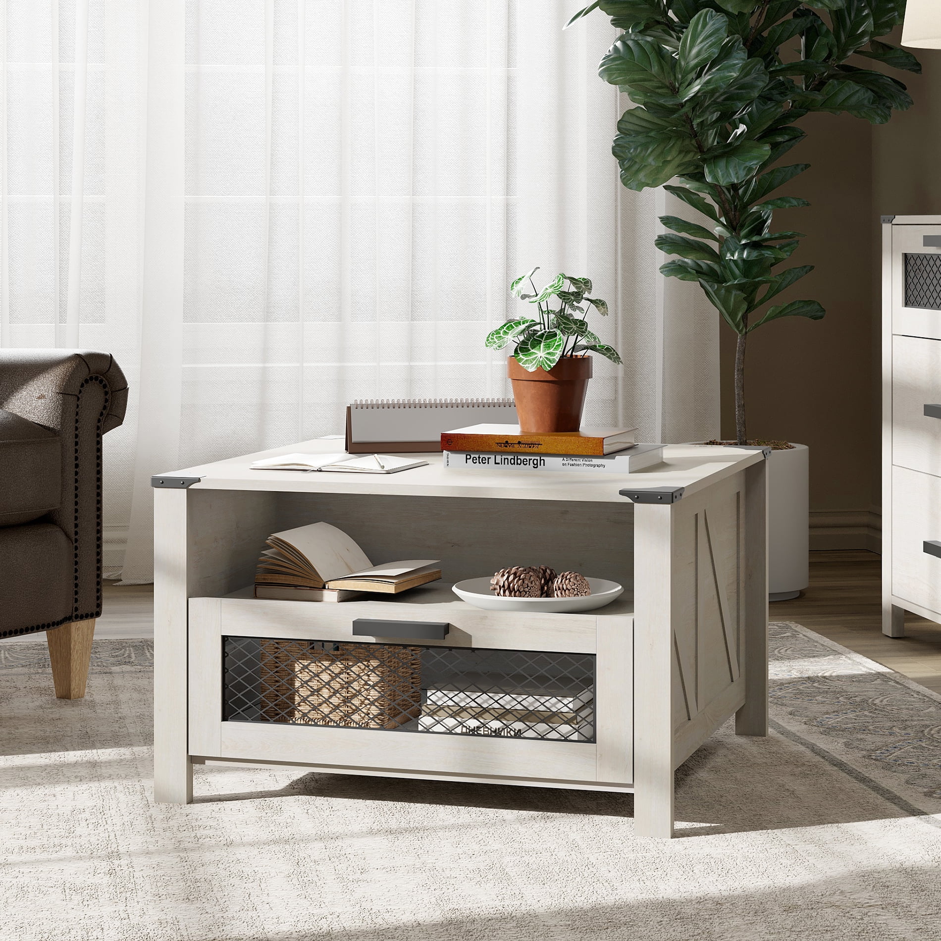 WAMPAT Coffee Table for Living room,Drawer Coffee Table with Storage,Square Accent Furniture with 2 Compartments Open Shelf,Antique White