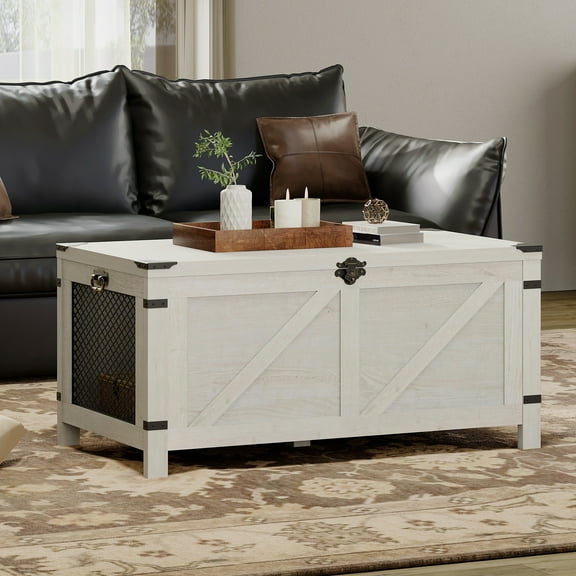 WAMPAT Coffee Table for Living room,Lift Top Coffee Table with Storage,Small Accent Furniture with Mesh Cabinet and Rustic Lock,Antique White