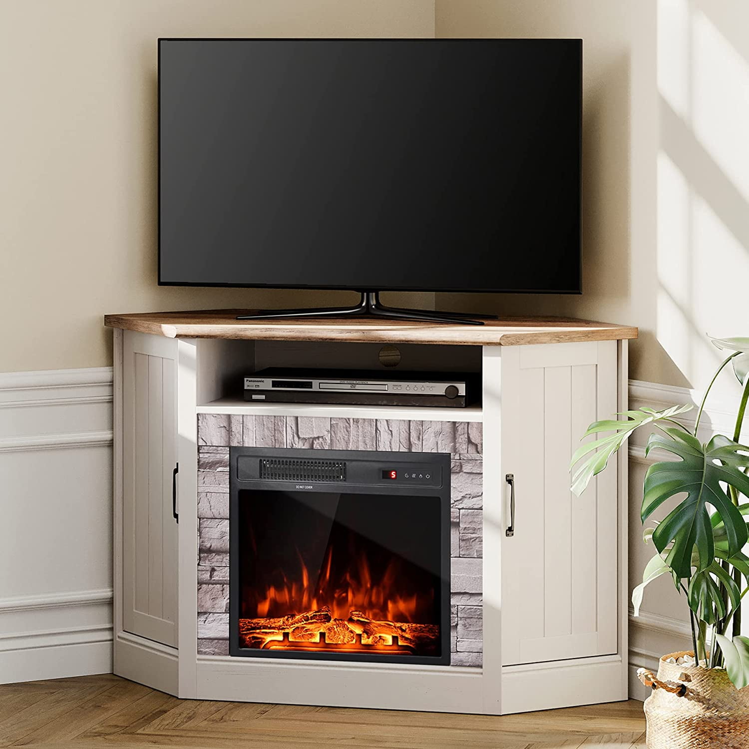 WAMPAT Coner TV Stand with Fireplace, Fireplace Entertainment Center with  Door Cabinets and Open Storage Space for Living Room, Whiteu0026Oak -  Walmart.com