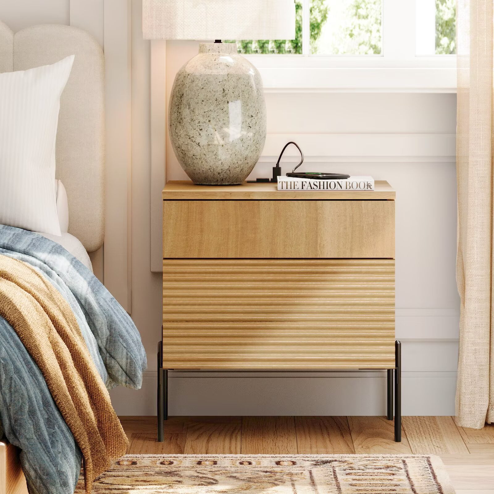 WAMPAT Contemporary Fluted Nightstand with USB Charging Port, Oak End Table with 2 Drawers for Home Decor in Bedrooms and Living Areas