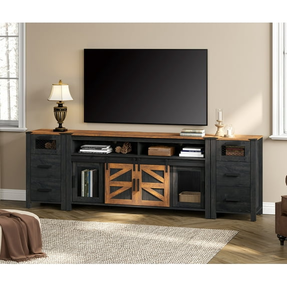 WAMPAT Drawer TV Stand set for ups to 85 inch TV,Entertainment Center with Sliding Barn Door,Farmhouse Media TV Console Table with Adjustable Shelf for Living Room Bedroom,Dark Walnut and Black