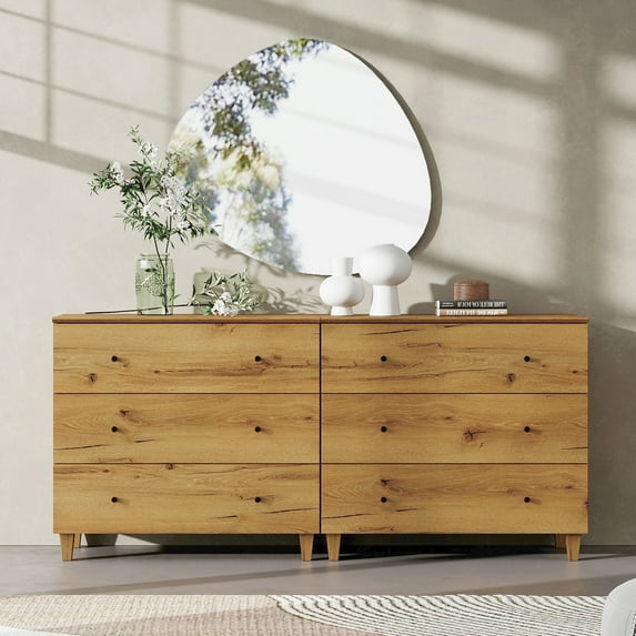 WAMPAT Dresser with 6 Drawers for Bedroom, 2-in-1 Wooden Wide Chest of Drawers, Modern Closet Storage Organizer with Solid Wood Legs for Living Room, Hallway, Nursery, 70.8x15.4x32.4, Oak Brown