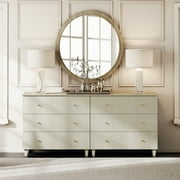 WAMPAT Dresser with 6 Drawers for Bedroom, 2-in-1 Wooden Wide Chest of Drawers, Modern Closet Storage Organizer with Solid Wood Legs for Living Room, Nursery, 70.8x15.4x32.4, Beige Linen Finish