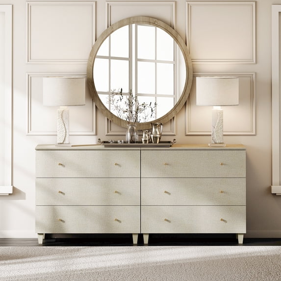 WAMPAT Dresser with 6 Drawers for Bedroom, 2-in-1 Wooden Wide Chest of Drawers, Modern Closet Storage Organizer with Solid Wood Legs for Living Room, Nursery, 70.8x15.4x32.4, Beige Linen Finish