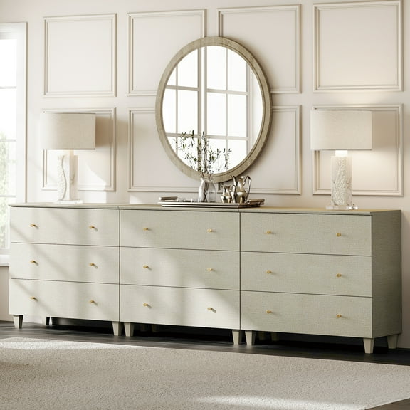 WAMPAT Dresser with 9 Drawers for Bedroom, 3-in-1 Wooden Wide Chest of Drawers, Modern Closet Storage Organizer with Solid Wood Legs for Living Room, Nursery, 106.2x15.4x32.4, Beige Linen Finish