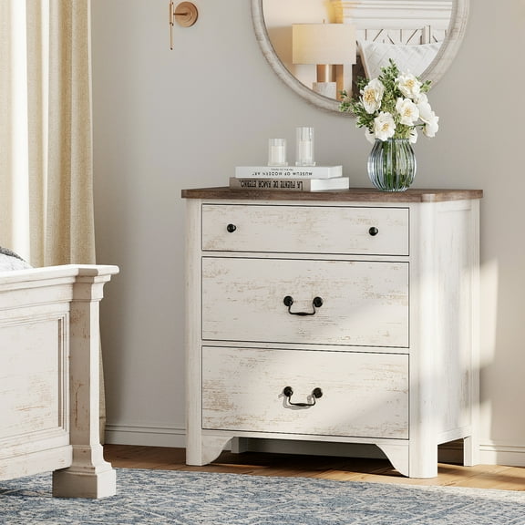 WAMPAT Dresser for Bedroom with 3 Drawers, Kids Dressers with Drawers, Farmhouse Wooden Closet Storage Organizer for Living Room, Nursery, White