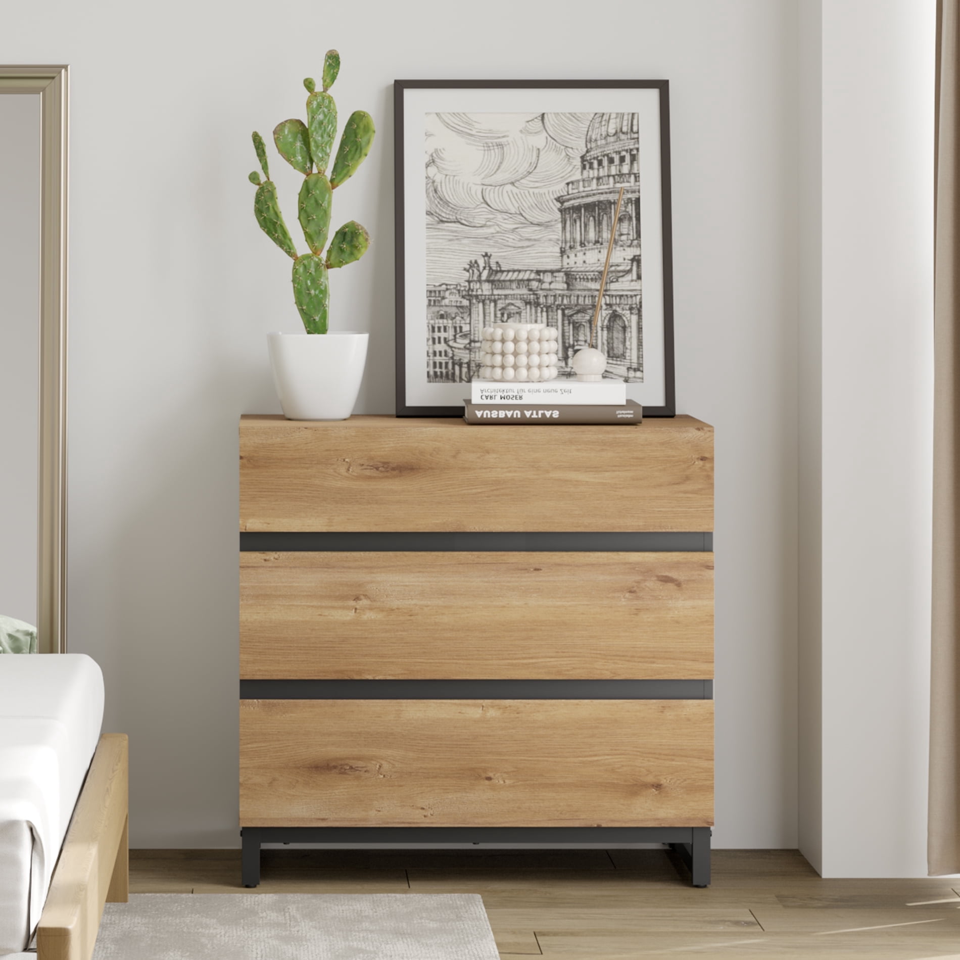 WAMPAT Dresser for Bedroom, Closet Organizers and Storage with 3 Drawers, Chest of Drawers with Metal Base, Modern Wood Dresser for Living Room, Bedroom,Oak