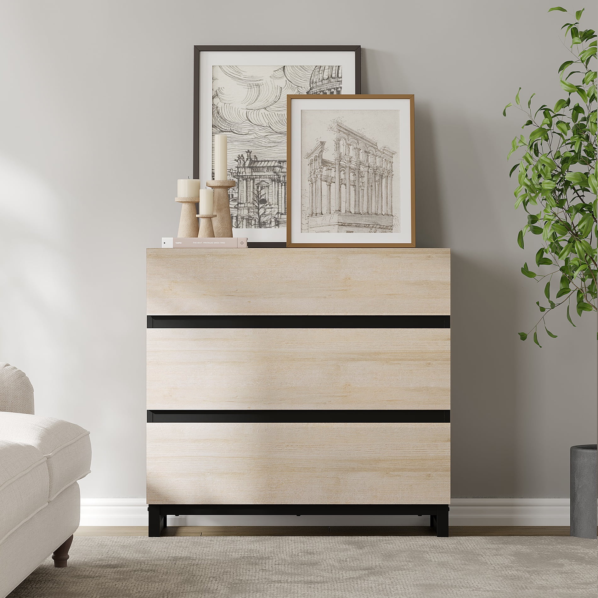 WAMPAT Dresser for Bedroom, Closet Organizers and Storage with 3 Drawers, Chest of Drawers with Metal Base, Modern Wood Dresser for Living Room, Hallway, Entryway, Light Oak