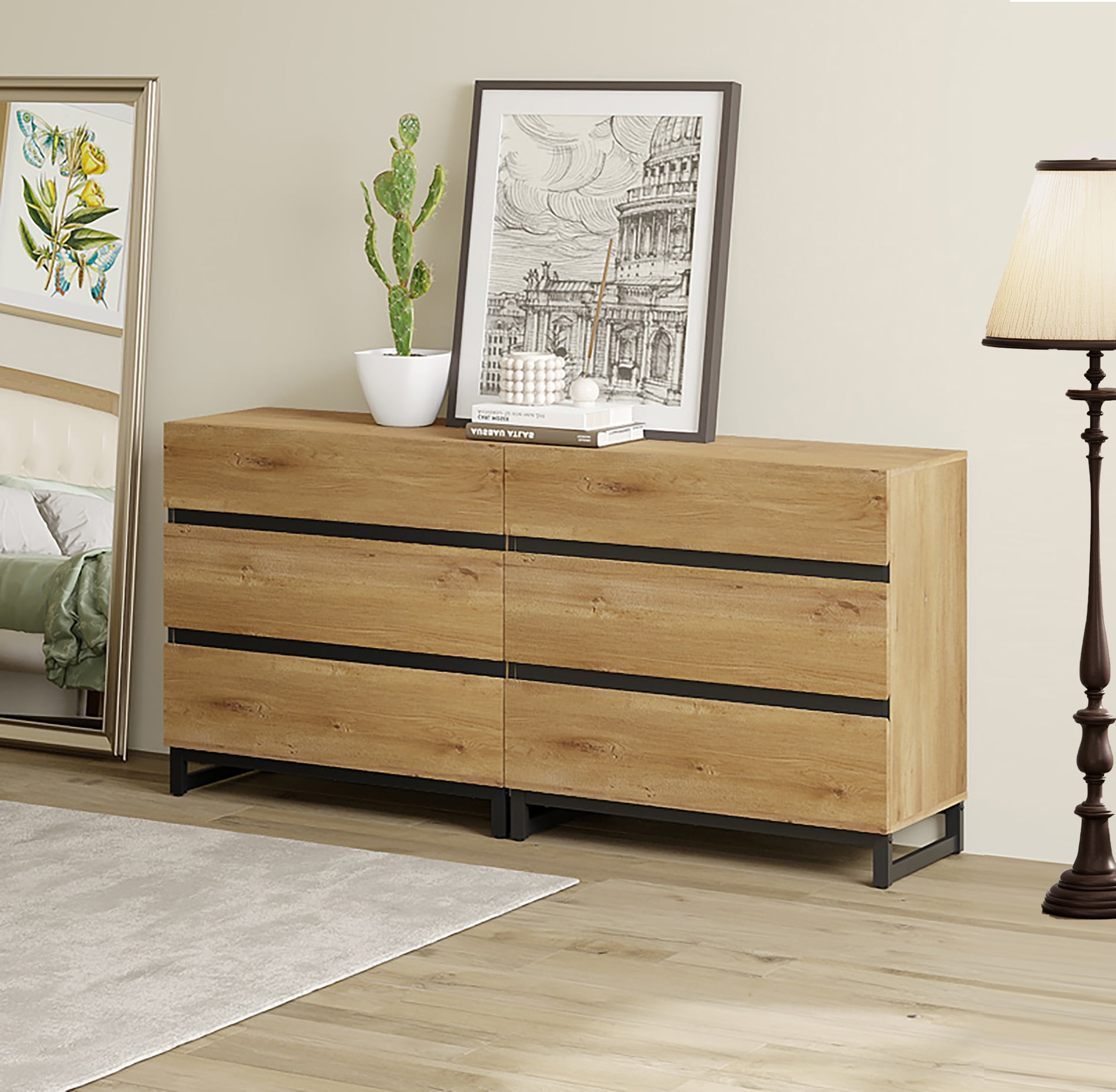 WAMPAT Dresser for Bedroom, Closet Organizers and Storage with 6 Drawers, Chest of Drawers with Metal Base, Modern Wood Dresser for Living Room, Bedroom,Oak