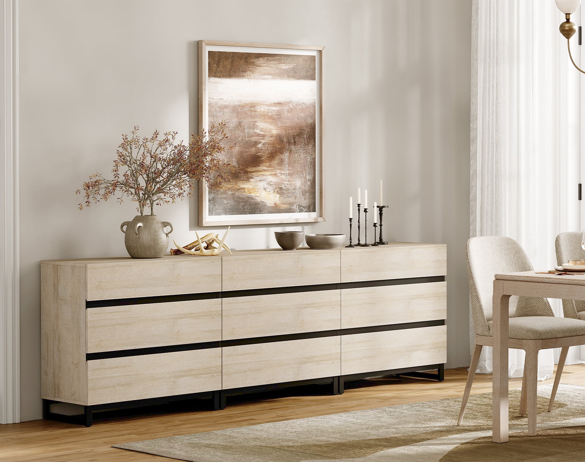 WAMPAT Dresser for Bedroom, Closet Organizers and Storage with 9 Drawers, Chest of Drawers with Metal Base, Wooden Modern Dresser for Living Room, Bedroom, Entryway, Light Oak