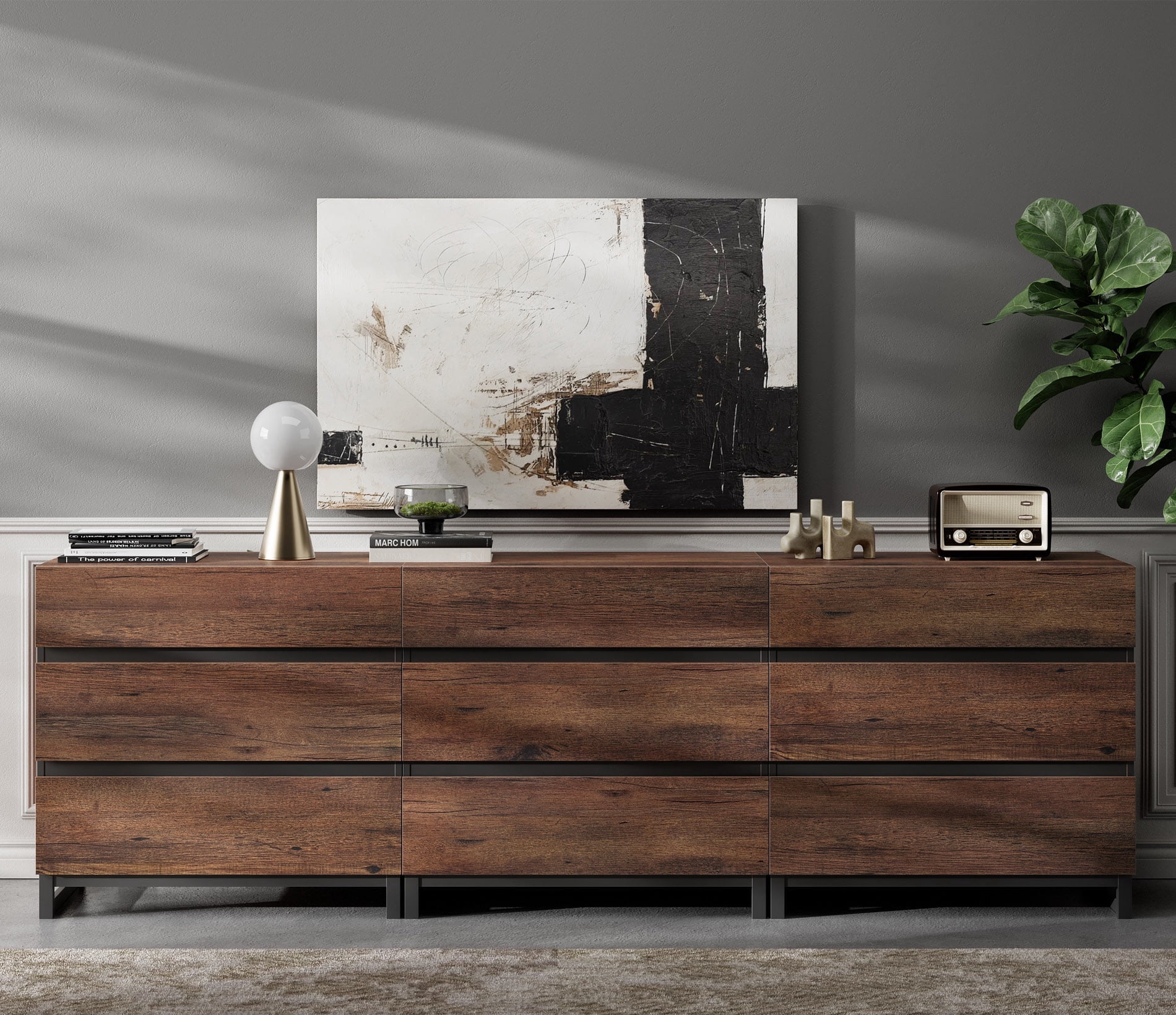 WAMPAT Dresser for Bedroom, Closet Organizers and Storage with 9 Drawers, Chest of Drawers with Metal Base, Wooden Modern Dresser for Living Room, Hallway, Entryway, Brown