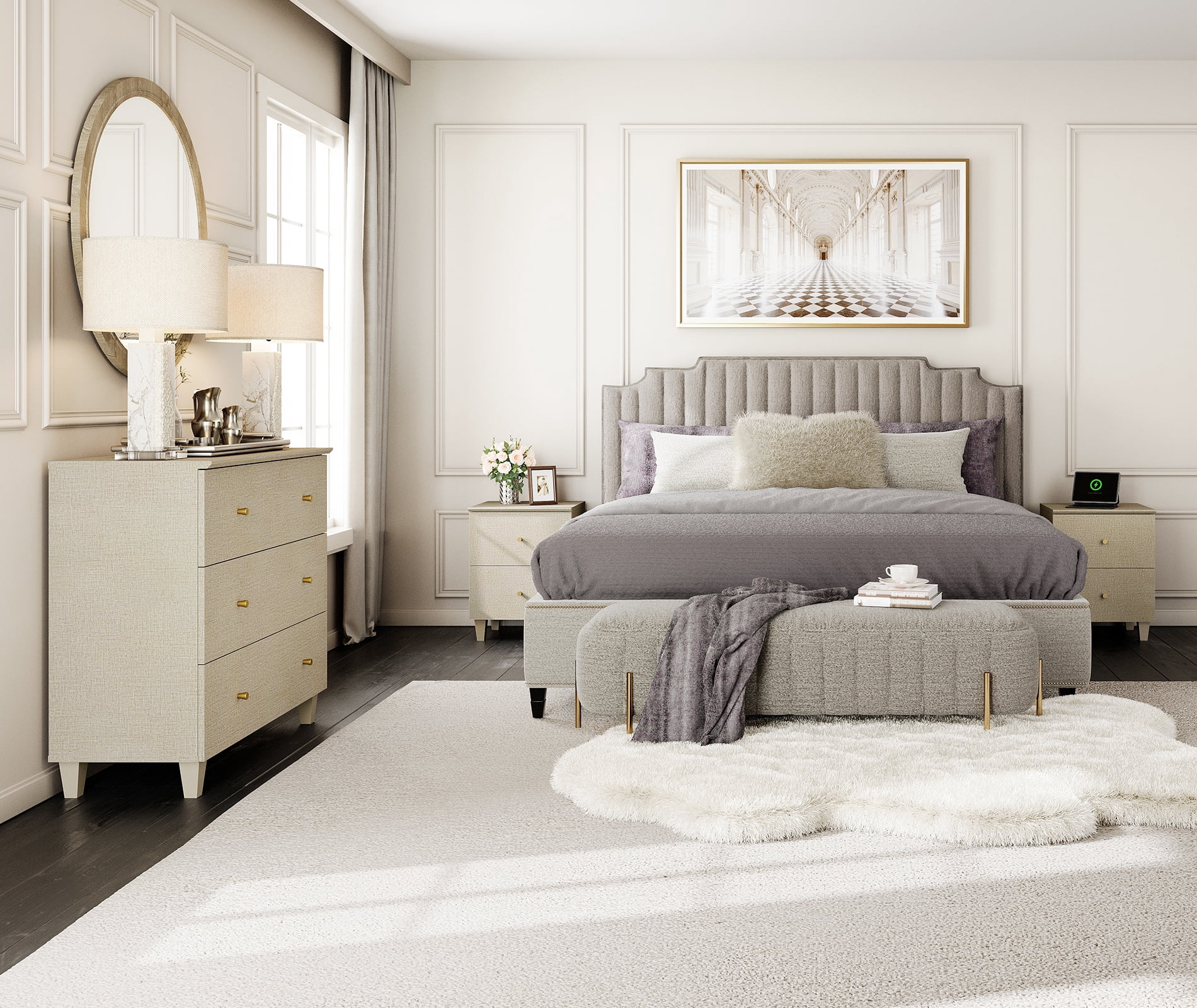 beige dresser and nightstands Wampat Dresser and Nightstands Set of 3, Wood Dresser with 3 Drawers, 2 Pieces Nightstands with Charging Stations for Living Room, Beige Linen Printed