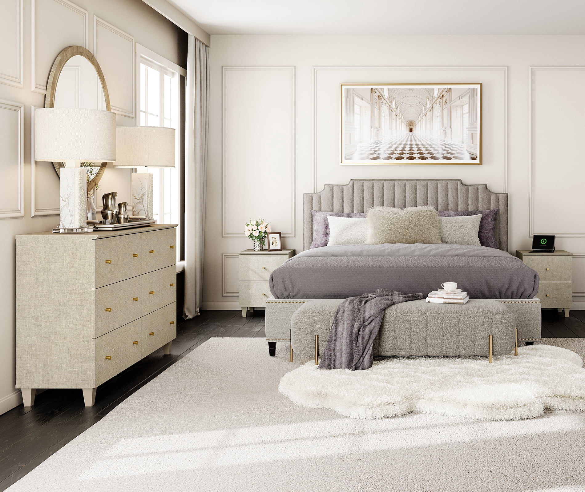 WAMPAT Dresser and Nightstands Set of 3, Wood Dresser with 6 Drawers, 2 Pieces Nightstands with Charging Stations for Living Room, Beige Linen Printed