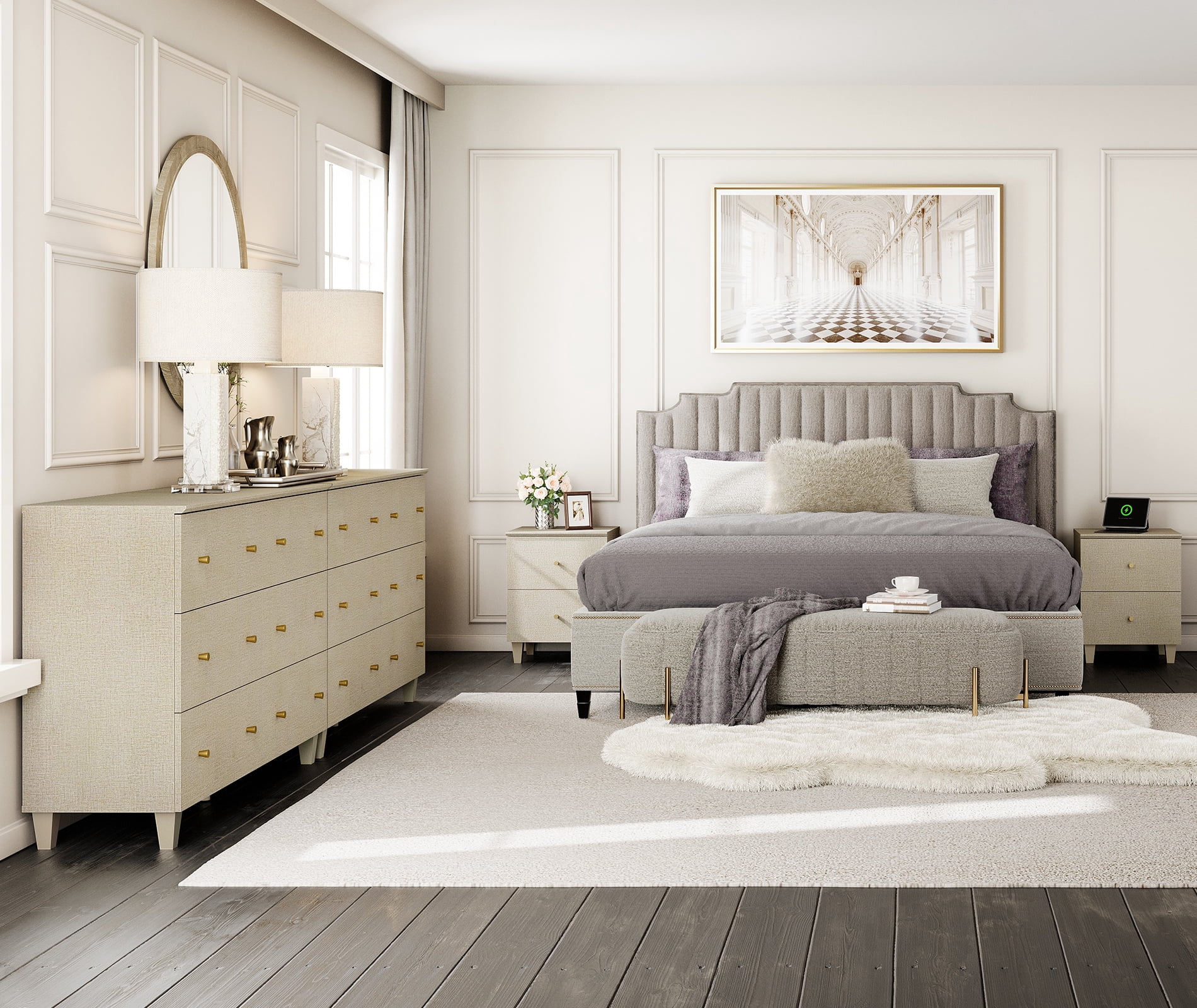 WAMPAT Dresser and Nightstands Set of 4, Wood Dressers with 12 Drawers, 2 Pieces Nightstands with Charging Stations for Living Room, Beige Linen Printed