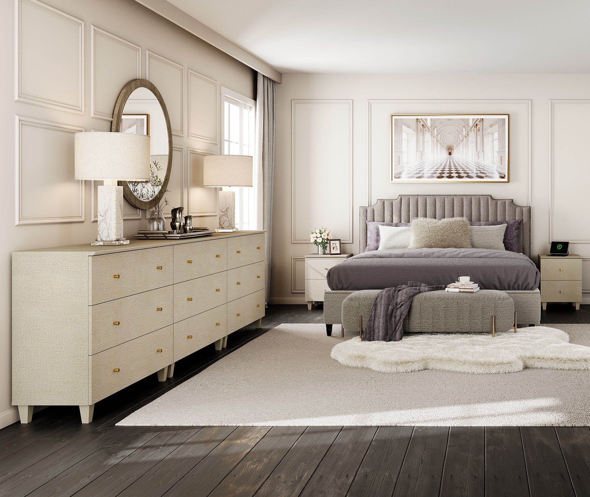 WAMPAT Dresser and Nightstands Set of 5, Wood Dressers with 9 Drawers, 2 Pieces Nightstands with Charging Stations for Living Room, Beige Linen Printed
