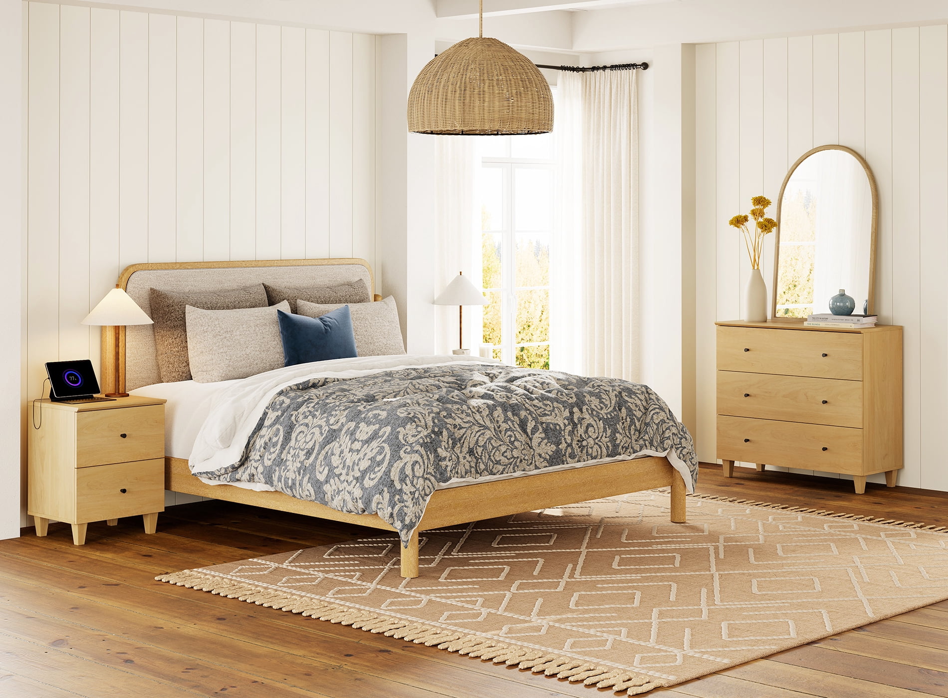 WAMPAT Dresser and Nightstand Set of 2, Wood Dresser with 3 Drawers, Nightstand with Charging Stations for Bedroom, Oak Wood