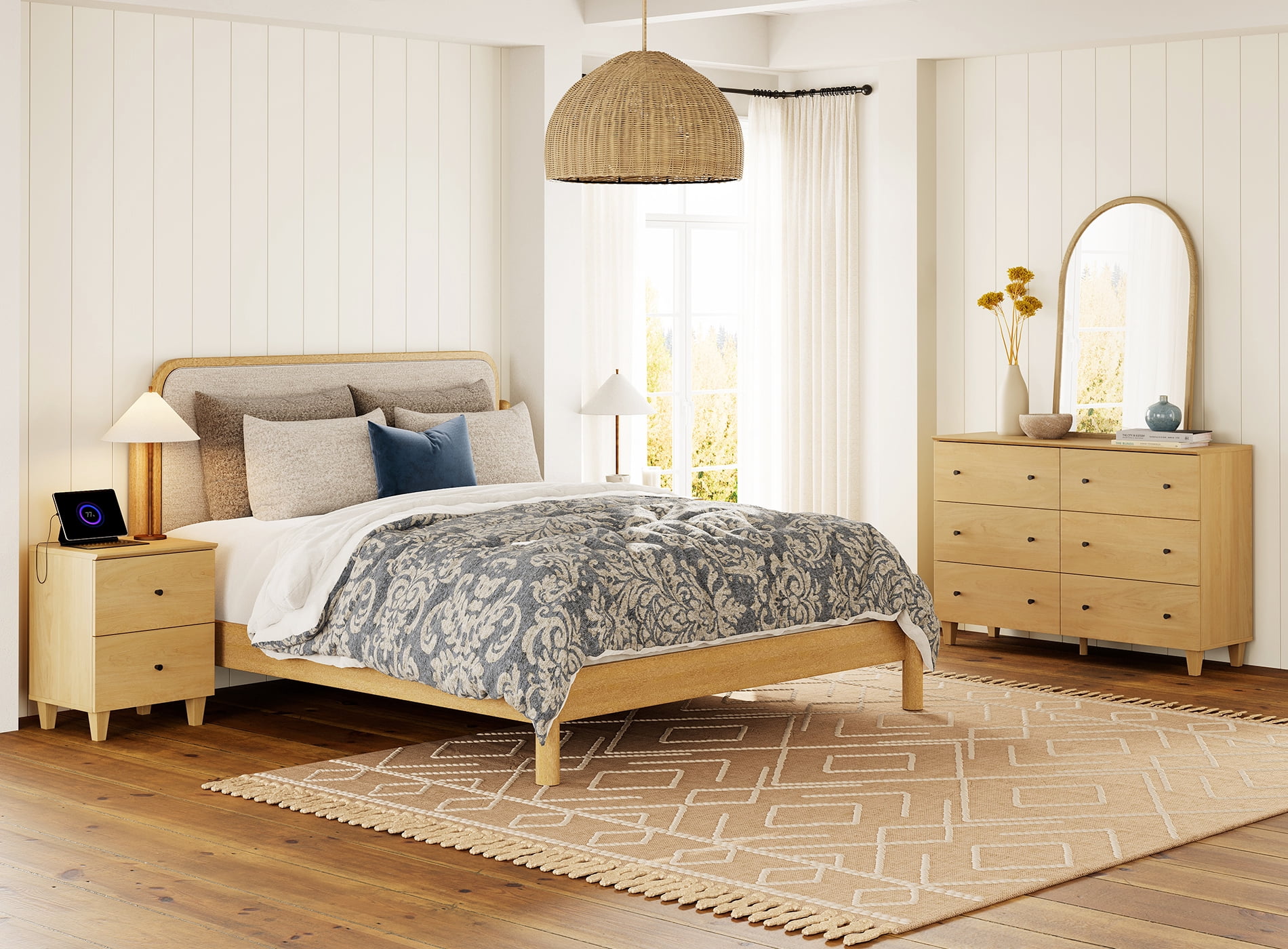 WAMPAT Dresser and Nightstand Set of 2, Wood Dresser with 6 Drawers, Nightstand with Charging Stations for Living Room, Oak Wood