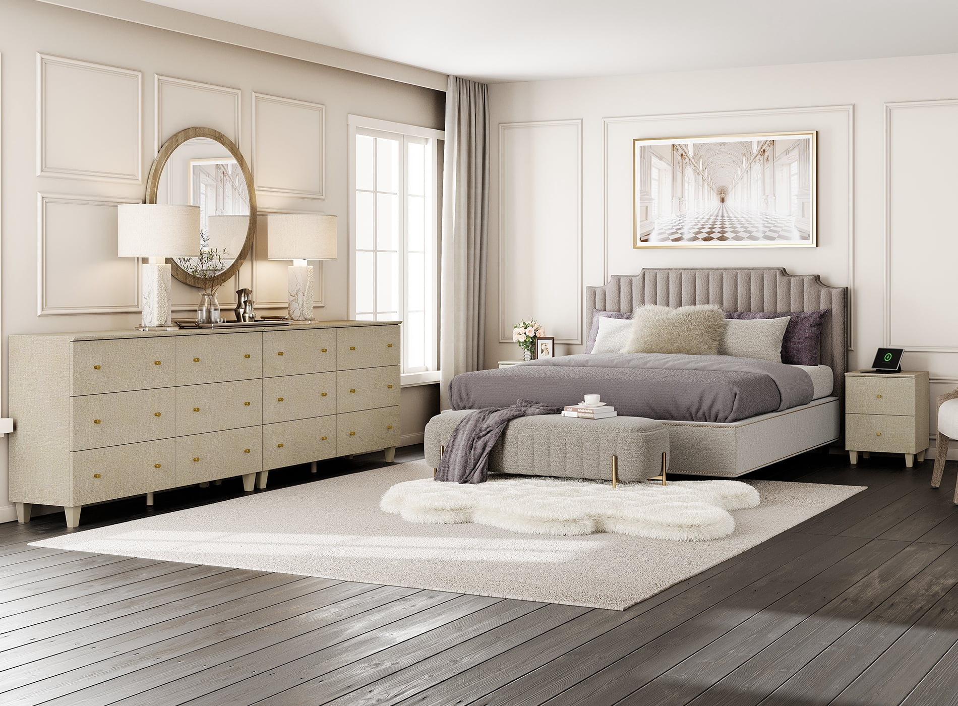 WAMPAT Dresser and Nightstand Set of 3, Wood Dressers with 12 Drawers, Nightstand with Charging Stations for Living Room, Beige Linen Printed