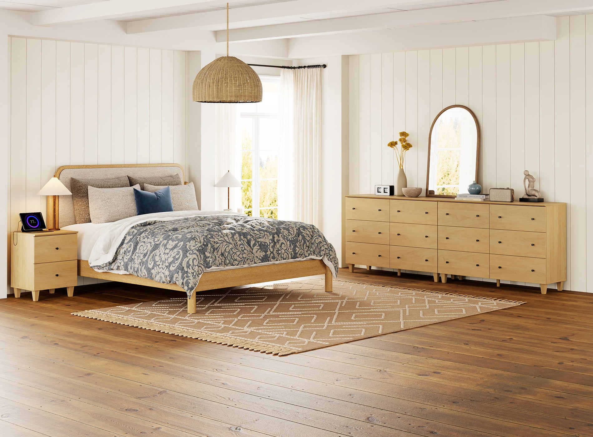 WAMPAT Dresser and Nightstand Set of 3, Wood Dressers with 12 Drawers, Nightstand with Charging Stations for Living Room, Oak Wood