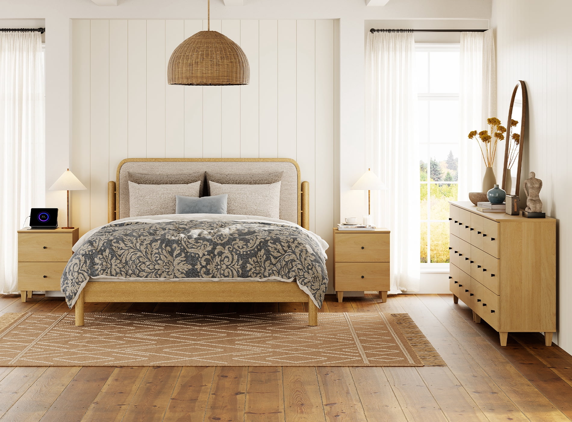 WAMPAT Dresser and Nightstands Set of 4, Wood Dressers with 12 Drawers, 2 Pieces Nightstands with Charging Stations for Living Room, Oak Wood