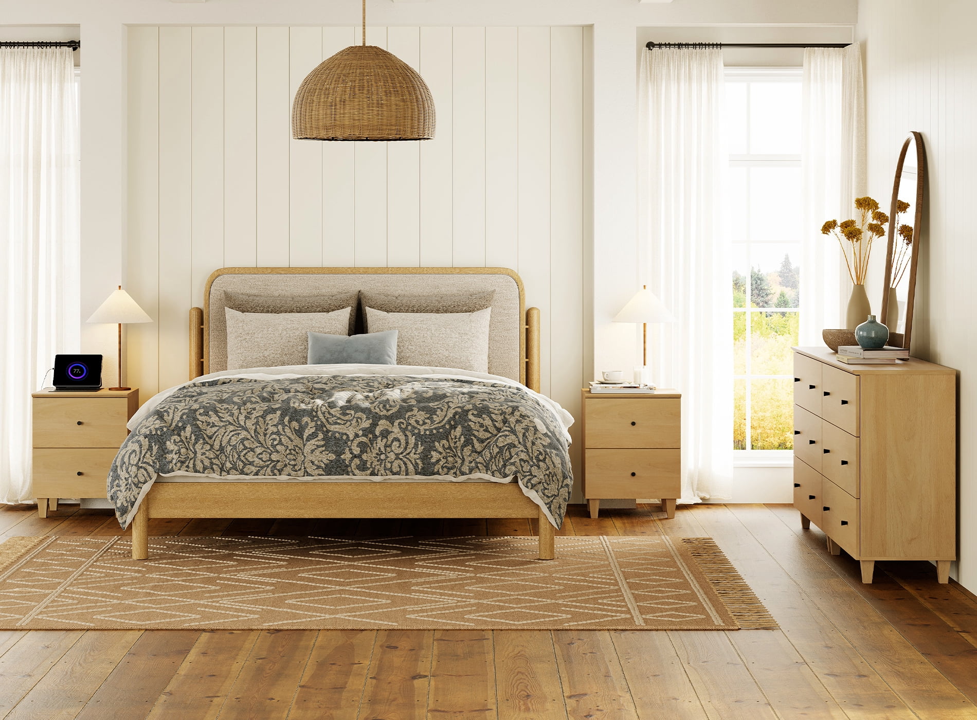 WAMPAT Dresser and Nightstands Set of 4, Wood Dressers with 6 Drawers, 2 Pieces Nightstands with Charging Stations for Living Room, Oak Wood