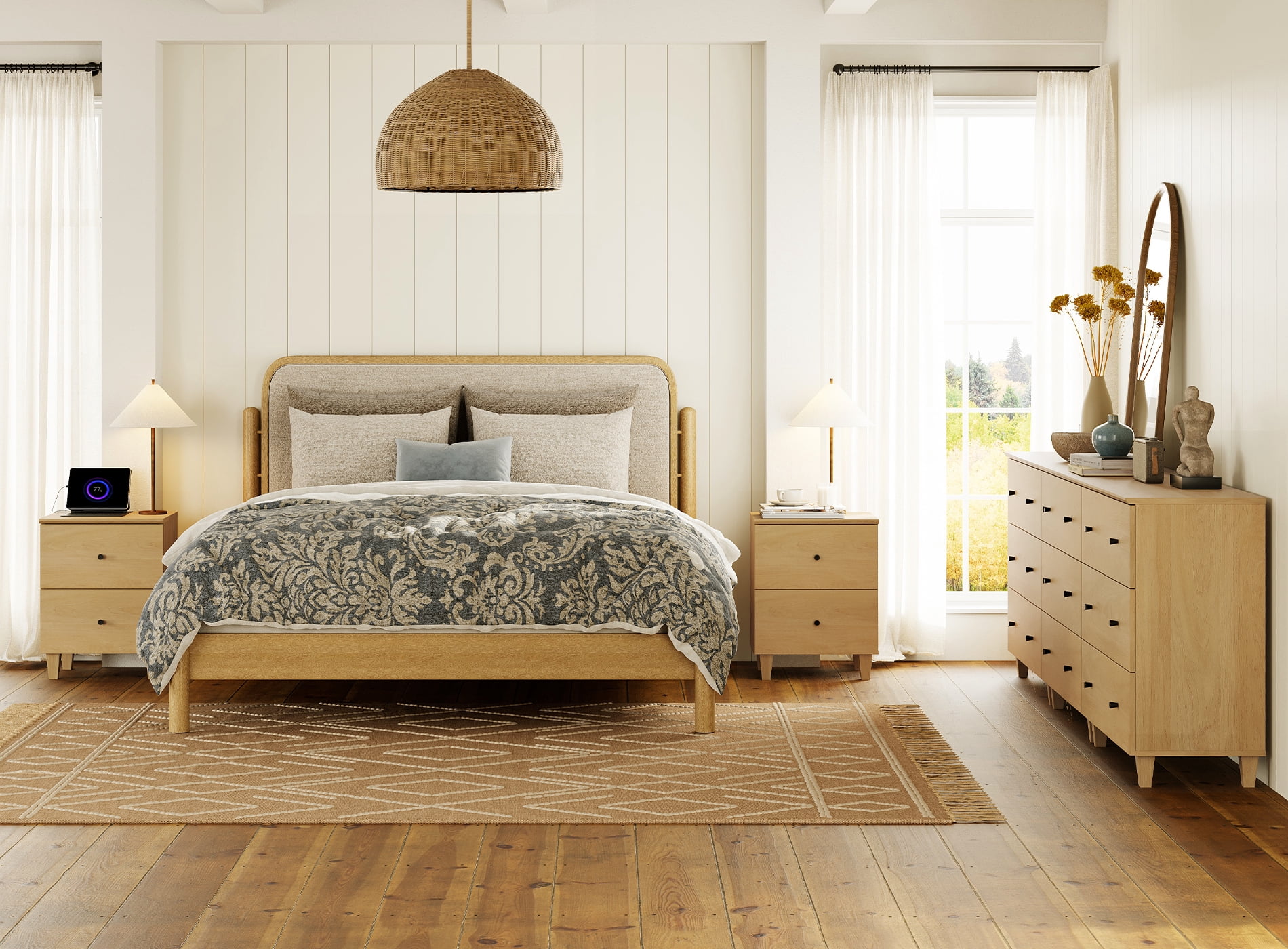 WAMPAT Dresser and Nightstands Set of 5, Wood Dressers with 9 Drawers, 2 Pieces Nightstands with Charging Stations for Living Room, Oak Wood
