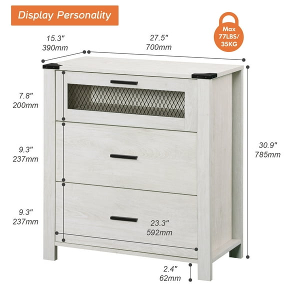 WAMPAT Dresser for bedroom, Accent Chests of 3 Drawers,Storage Cabinet with Mesh Tower for Living Room, Hallway, Entryway, Antique White