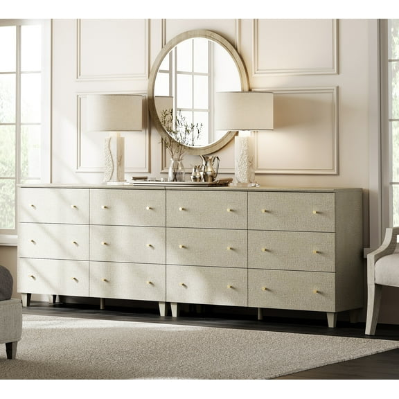 WAMPAT Dressers with 12 Drawers for Bedroom, 2-in-1 Wooden Chest of Drawers, Modern Closet Storage Organizer with Solid Wood Legs for Living Room, Hallway, Nursery, 94.4x15.4x32.4, Beige Linen Finish