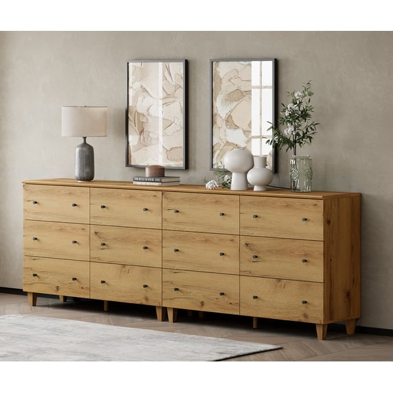 WAMPAT Dressers with 12 Drawers for Bedroom, 2-in-1 Wooden Chest of Drawers, Modern Closet Storage Organizer Unit with Solid Wood Legs for Living Room, Hallway, Nursery, 94.4x15.4x32.4, Oak Brown