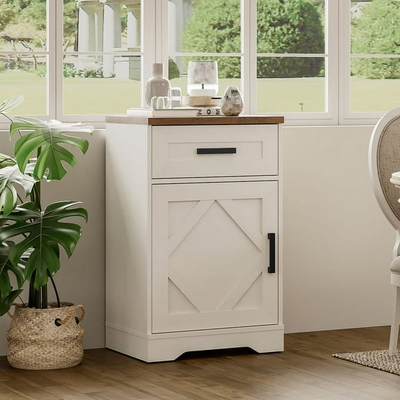 WAMPAT End Table with 1 Drawer & Door, Farmhouse Large Sofa Side Table, Modern Tall Nightstand with Adjustable Storage Shelf, Accent Cabinet for Living Room,Antique White