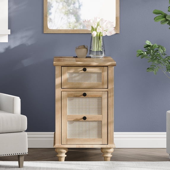 WAMPAT End Table with Charging Station, Wood Side Sofa Table with Drawer and Storage Cabinet, Rattan Weaving Nightstand with Power Outlets & USB Ports for Living Room, Bedroom, Oak