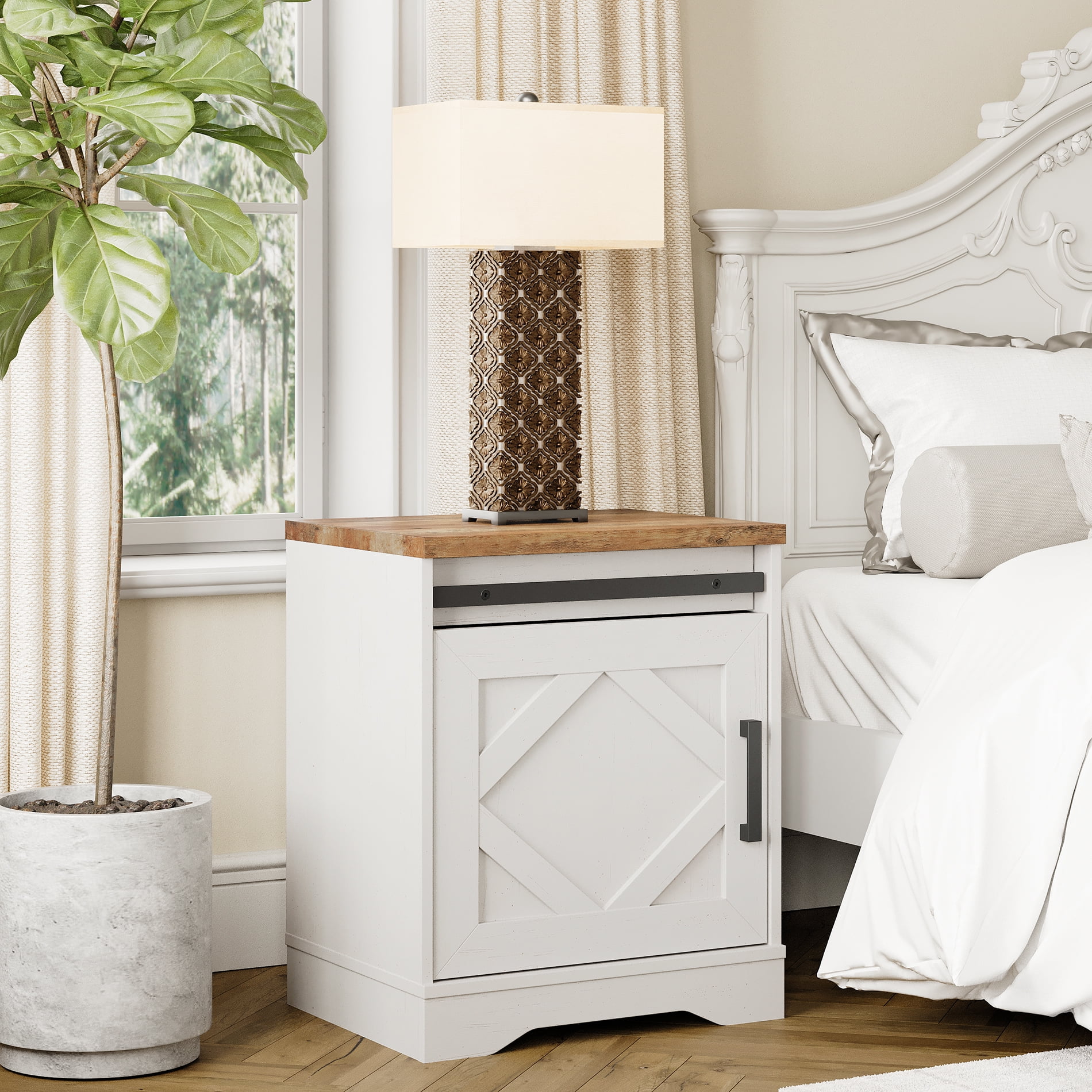 WAMPAT End Table Pedestal Side Table with Drawer and Cabinet Wood Bedside Table Nightstands for Living Room Bedroom Cream White