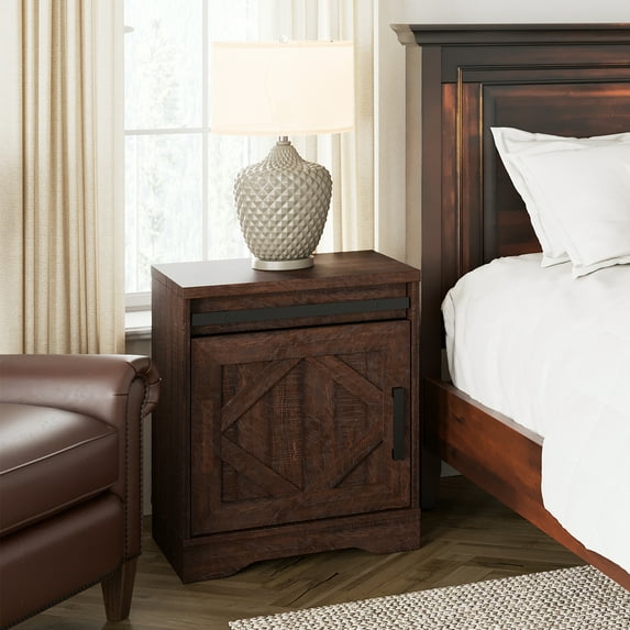 WAMPAT End Table, Pedestal Side Table with Drawer and Cabinet Wood Bedside Table Nightstands for Living Room Bedroom,Rustic Brown