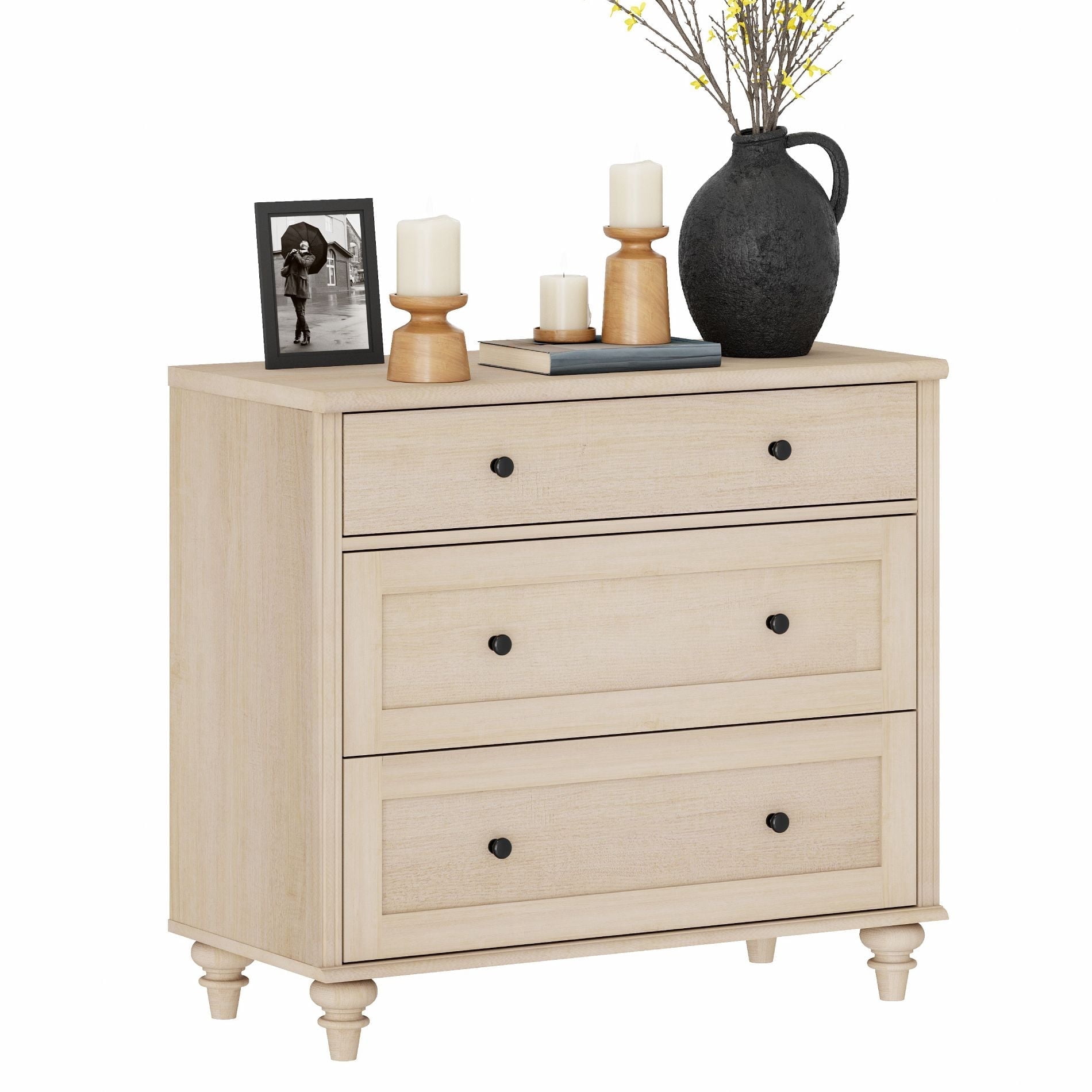 WAMPAT End Table for Living Room with 3 Drawers, Mid Century Modern Wooden Nightstand Closet Storage Organizer for Bedroom, Beige