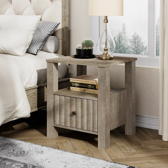 WAMPAT End Table with 1 Storage Drawer, Modern Side Table for Living Room, Vintage Grey Wood Nightstand Bedside Table for Bedroom