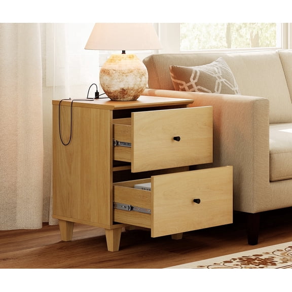 WAMPAT End Table with Charging Station and Storage Drawers, Wood Sofa Side Table for Living Room and Bedroom, Oak