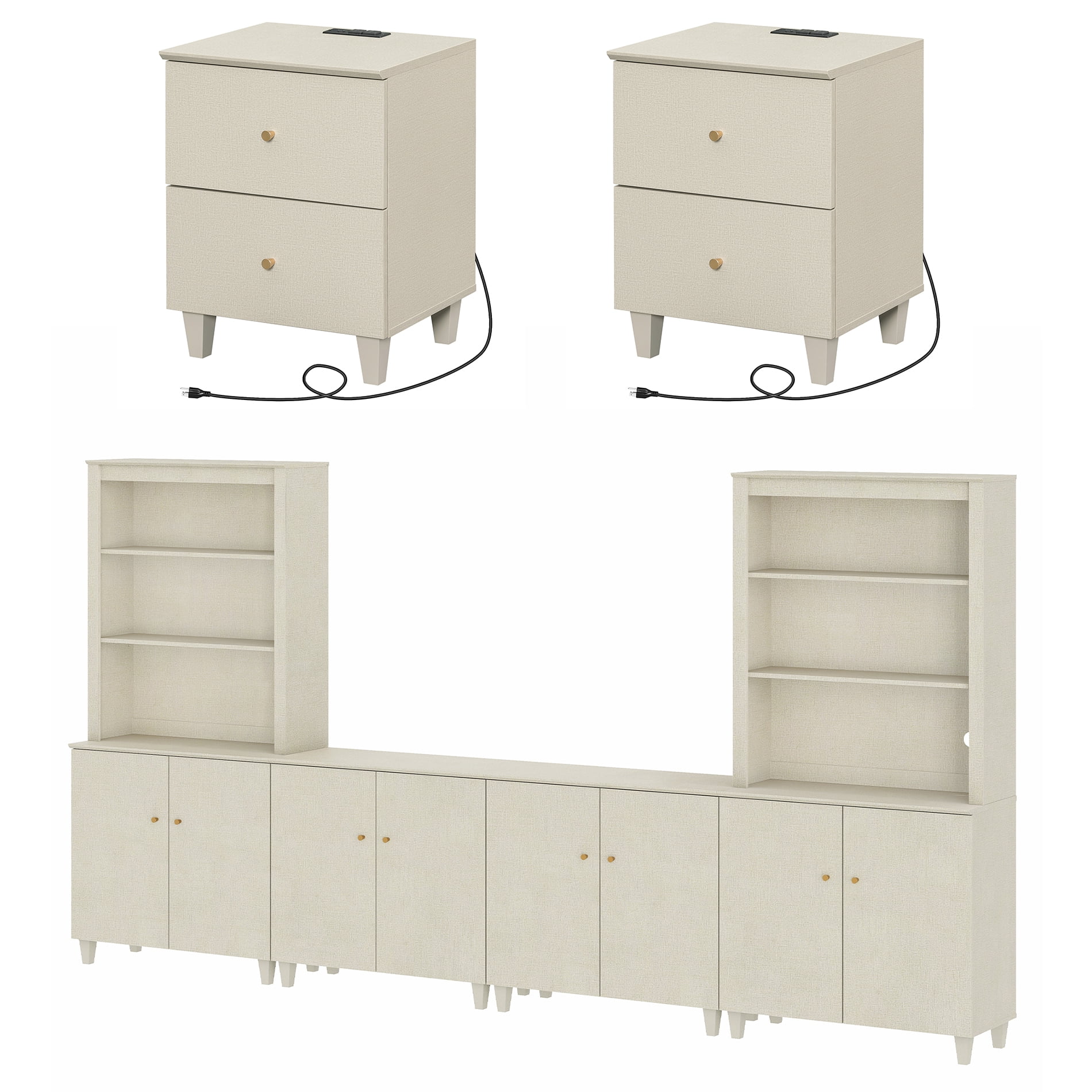 WAMPAT Entertainment Center and Side Table Set of 3, Modern Wooden TV Stand for 75" TV with Cabinets and Open Shelves, 2 Charging End Tables with Drawers for Living Room, Beige