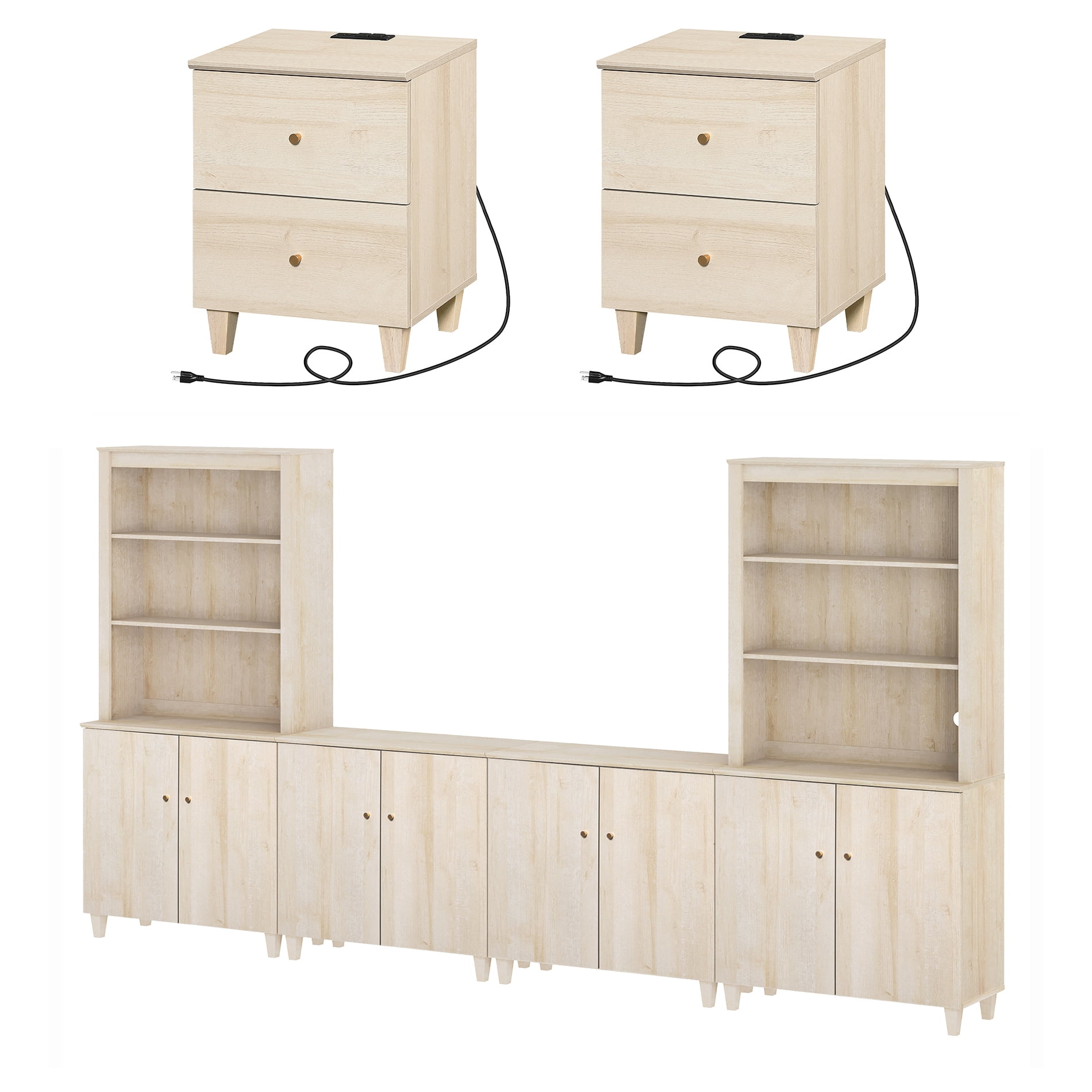 WAMPAT Entertainment Center and Side Table Set of 3, Modern Wooden TV Stand for 75" TV with Cabinets and Open Shelves, 2 Charging End Tables with Drawers for Living Room, Light Oak